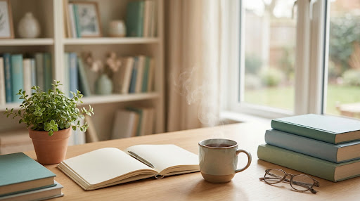 A calm desk with books, notebook and coffee by the window